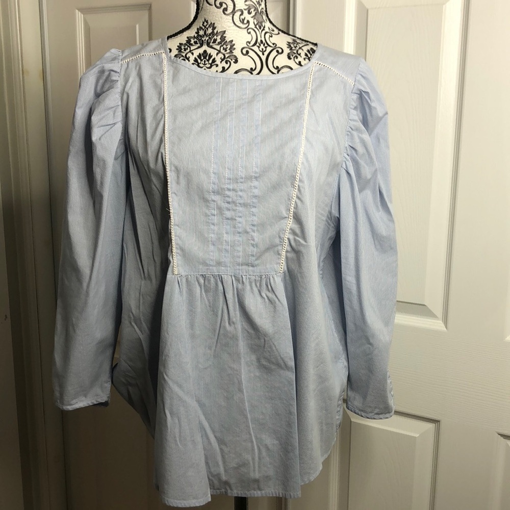 Hinge Shirt Ruffle Front Back Top 3/4 Sleeve Lightweight Top Blue White StripeXL